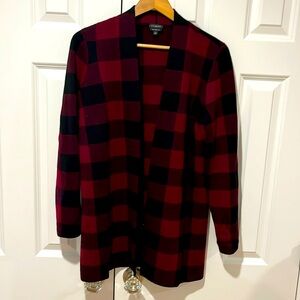 Talbots burgundy/black buffalo check long open cardigan